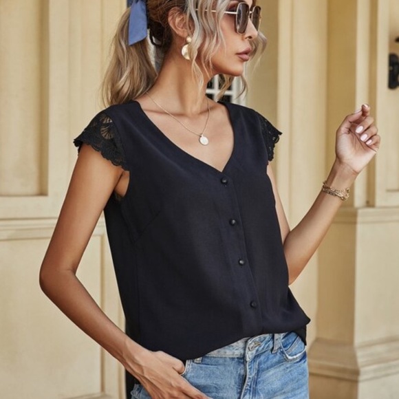 Navy blue button lace low back blouse - Picture 2 of 8